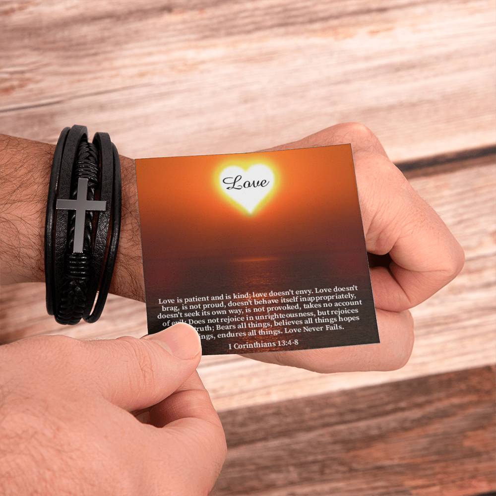 Love Message 1 Corinthians 13:4-8 Men's Stainless Steel & Vegan Leather Cross Bracelet - Vegan Leather with Stainless Steel-Express Your Love Gifts