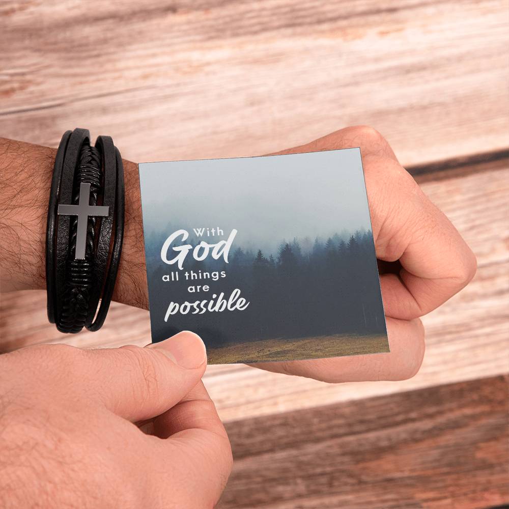 With God All Things are Possible Men's Cross Bracelet - Vegan Leather with Stainless Steel-Express Your Love Gifts