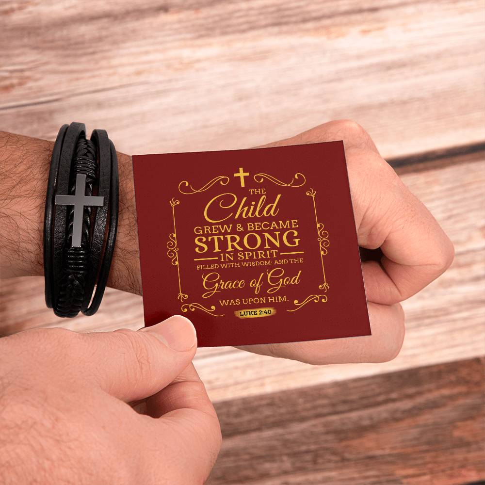 Grace of God Luke 2:40 Men's Stainless Steel & Vegan Leather Cross Bracelet - Vegan Leather with Stainless Steel-Express Your Love Gifts