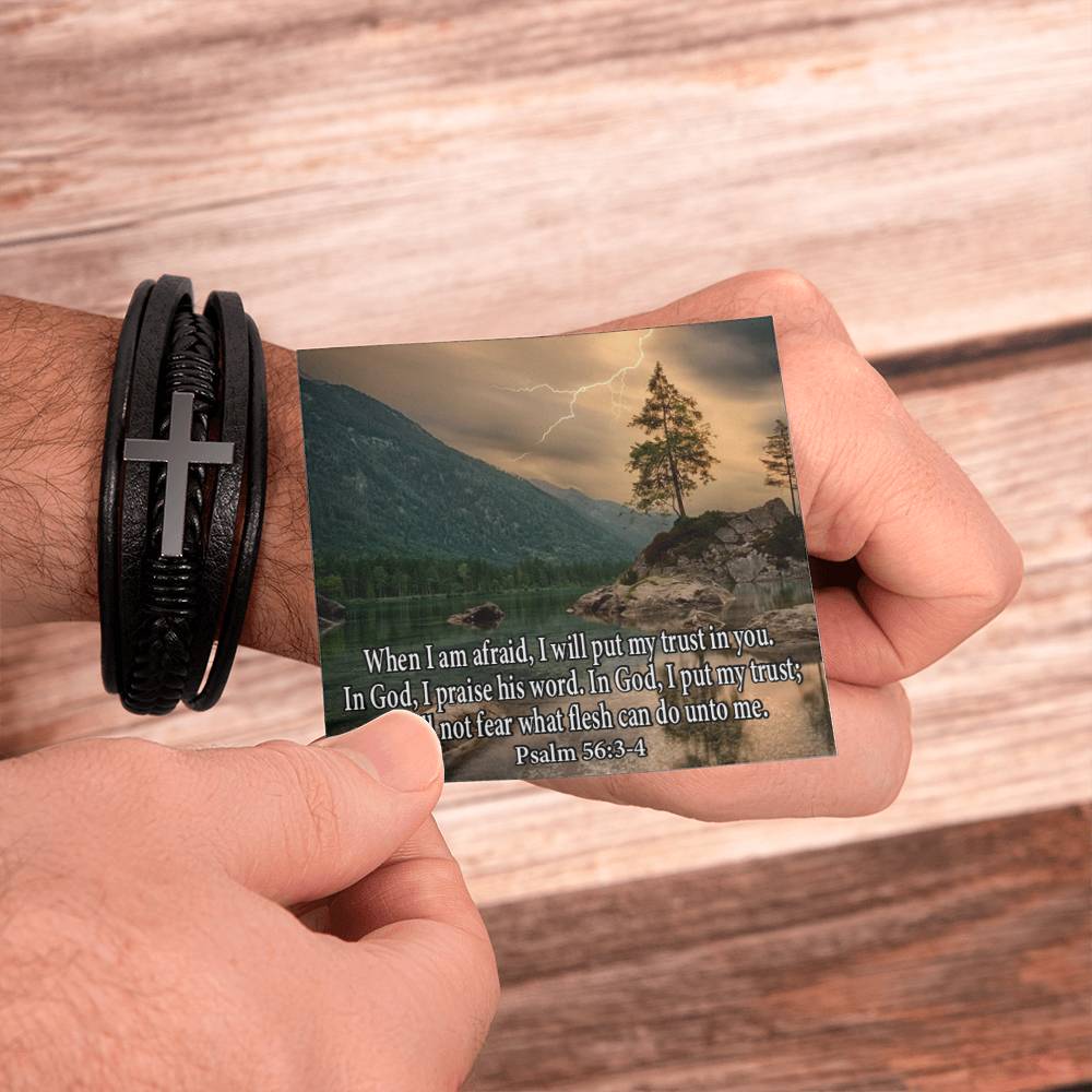 Trust in God Psalm 56:3-4 Men's Stainless Steel & Vegan Leather Cross Bracelet - Vegan Leather with Stainless Steel-Express Your Love Gifts