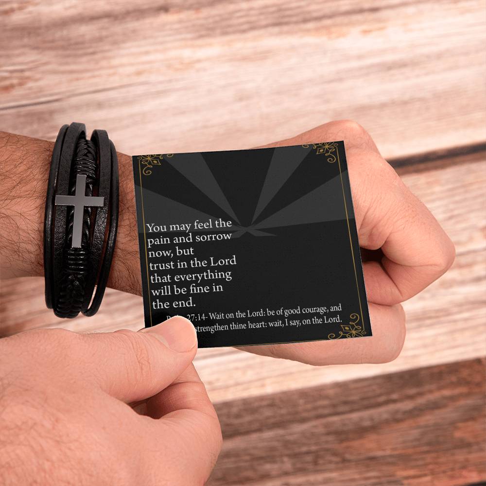 God's Strength Psalm 27:14 Men's Stainless Steel & Vegan Leather Cross Bracelet - Vegan Leather with Stainless Steel-Express Your Love Gifts