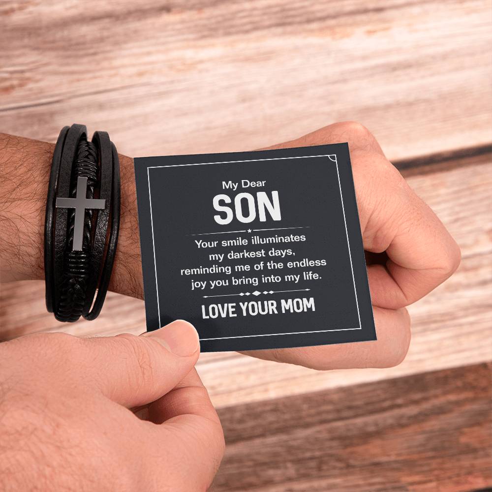 To My Son Your Smile Men's Cross Bracelet - Vegan Leather with Stainless Steel-Express Your Love Gifts
