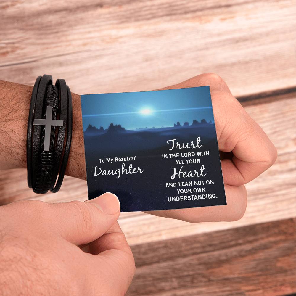 Trust in The Lord Proverbs 3:5-6 Men's Stainless Steel & Vegan Leather Cross Bracelet - Vegan Leather with Stainless Steel-Express Your Love Gifts