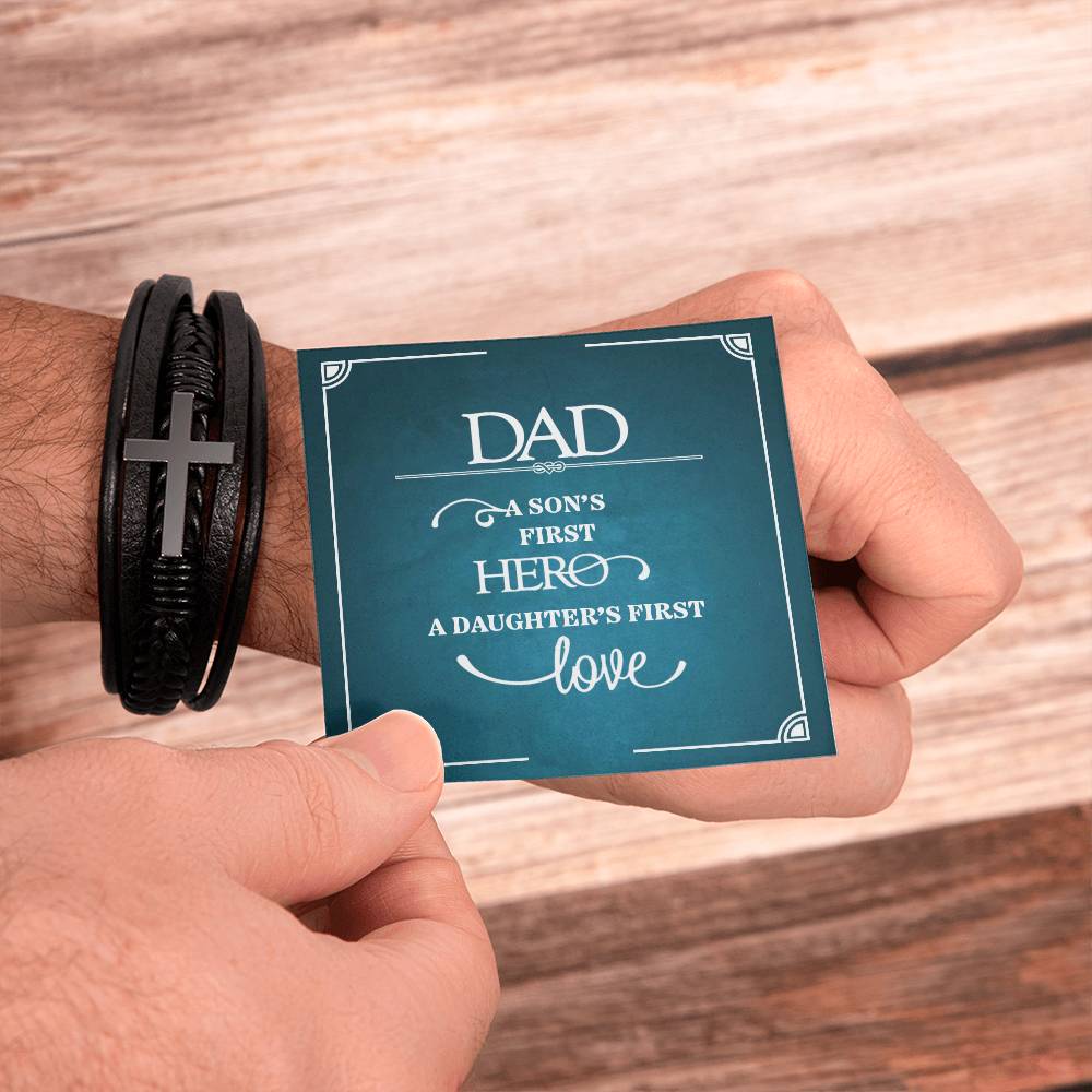 Dad a Sons First Hero Men's Cross Bracelet - Vegan Leather with Stainless Steel-Express Your Love Gifts
