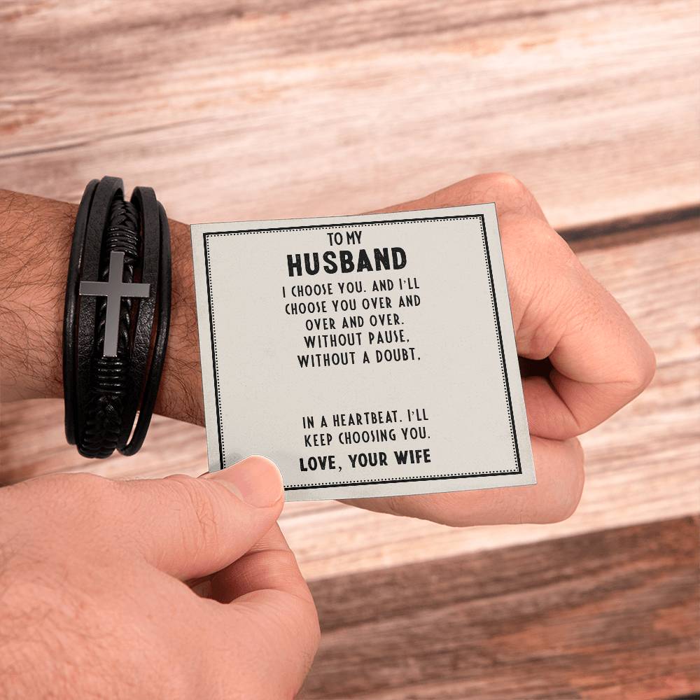To My Husband I Choose You Men's Cross Bracelet - Vegan Leather with Stainless Steel-Express Your Love Gifts