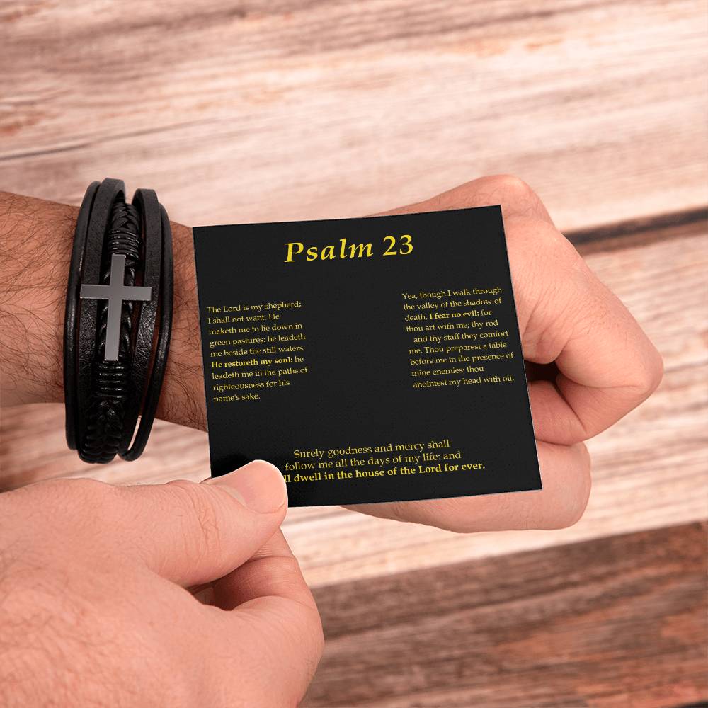 Psalm 23 Men's Stainless Steel & Vegan Leather Cross Bracelet - Vegan Leather with Stainless Steel-Express Your Love Gifts