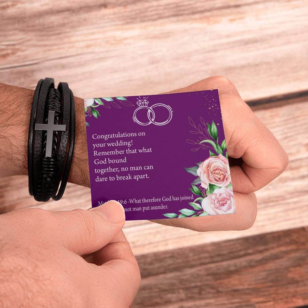 Wedding Message Faith Matthew 9:16 Men's Stainless Steel & Vegan Leather Cross Bracelet - Vegan Leather with Stainless Steel-Express Your Love Gifts