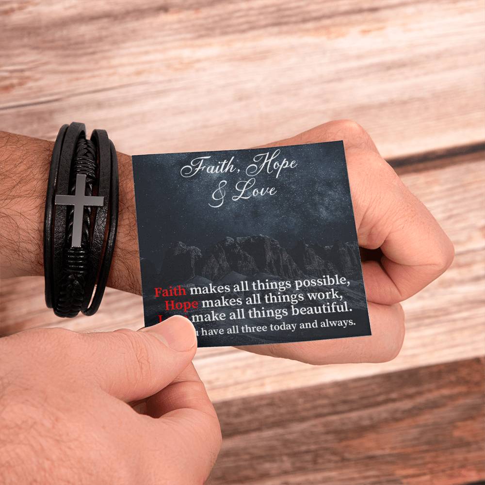 Faith Hope & Love Men's Stainless Steel & Vegan Leather Cross Bracelet - Vegan Leather with Stainless Steel-Express Your Love Gifts