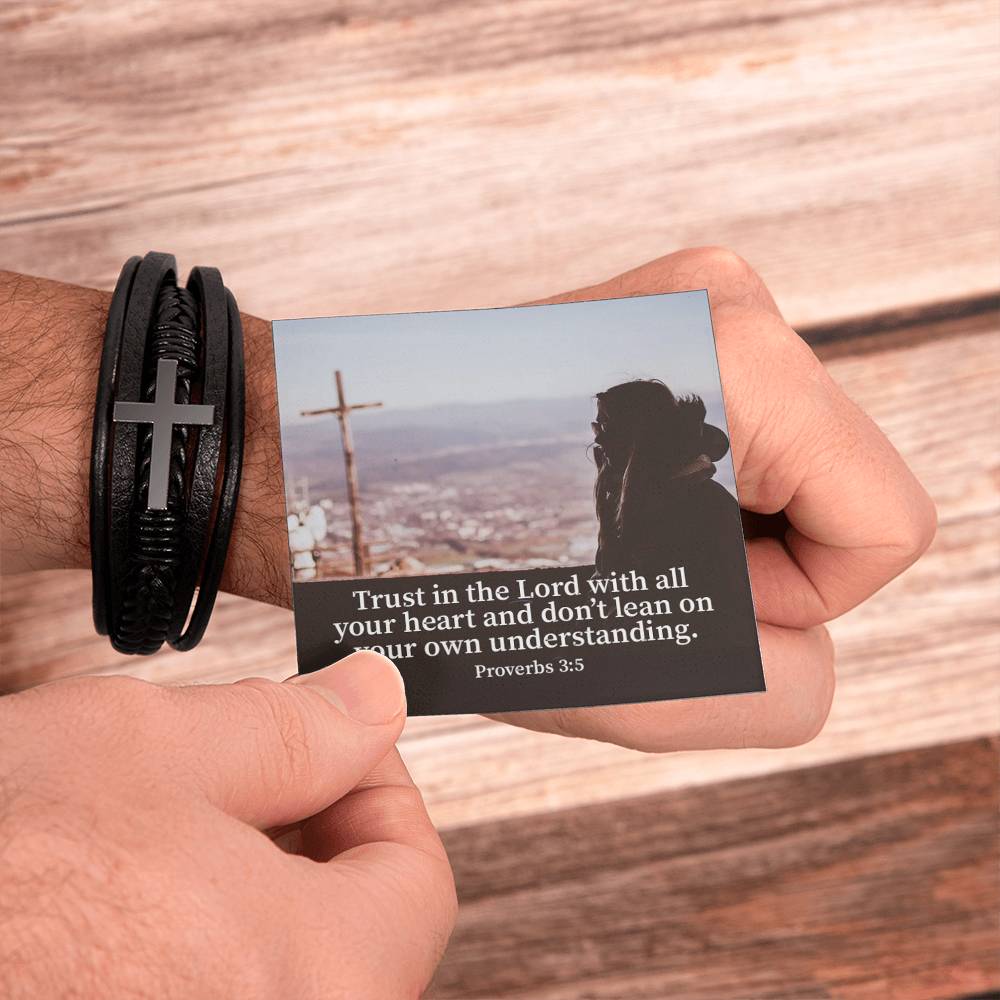 Trust Proverbs 3:5 Men's Stainless Steel & Vegan Leather Cross Bracelet - Vegan Leather with Stainless Steel-Express Your Love Gifts