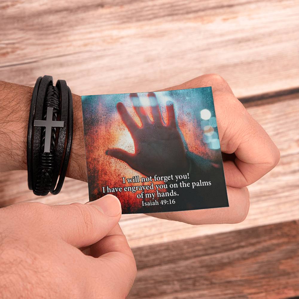 I Will Not Forget You Isaiah 49:16 Men's Stainless Steel & Vegan Leather Cross Bracelet - Vegan Leather with Stainless Steel-Express Your Love Gifts