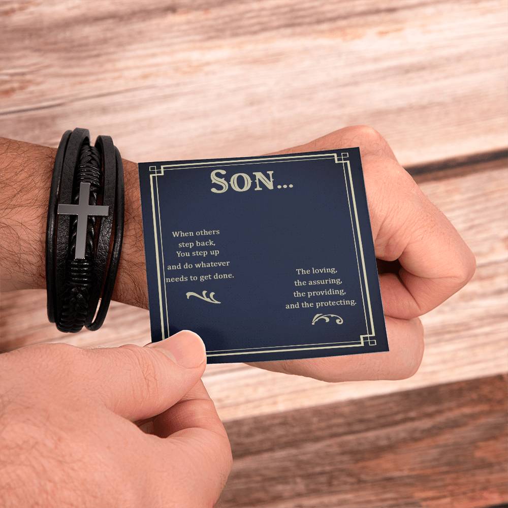 To My Son When Others Step Back Men's Cross Bracelet - Vegan Leather with Stainless Steel-Express Your Love Gifts