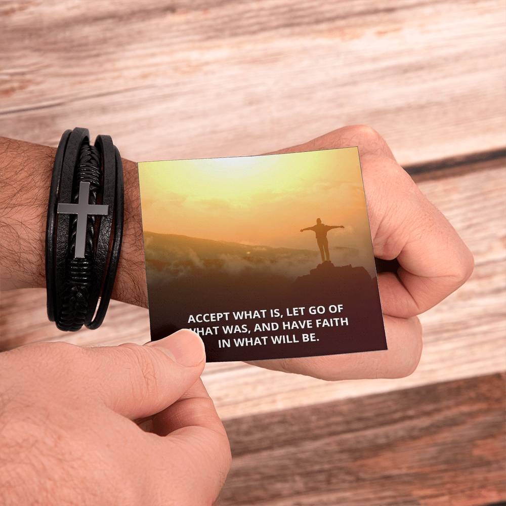 Accept What Is Men's Stainless Steel & Vegan Leather Cross Bracelet - Vegan Leather with Stainless Steel-Express Your Love Gifts