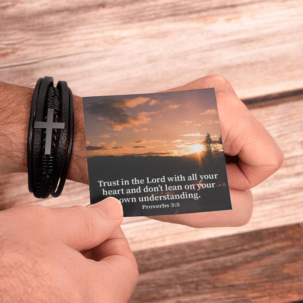 Trust in The Lord Proverbs 3:5 Sunset Men's Stainless Steel & Vegan Leather Cross Bracelet - Vegan Leather with Stainless Steel-Express Your Love Gifts