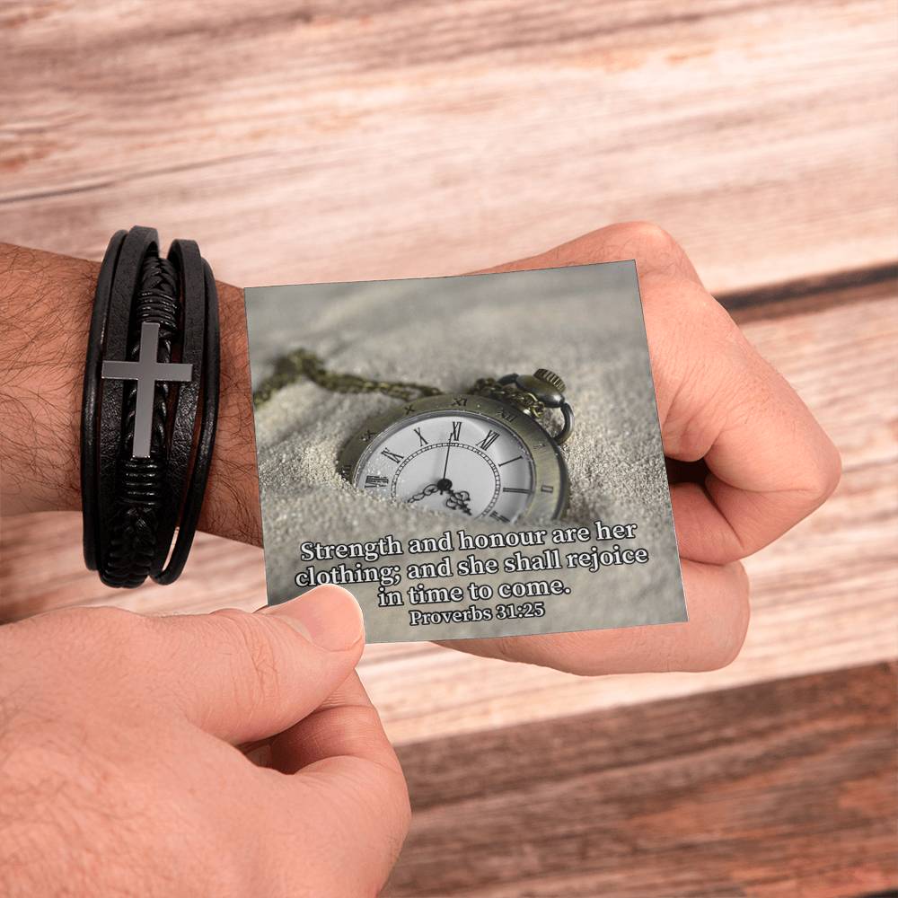 Her Strength Proverbs 31:25 Men's Stainless Steel & Vegan Leather Cross Bracelet - Vegan Leather with Stainless Steel-Express Your Love Gifts