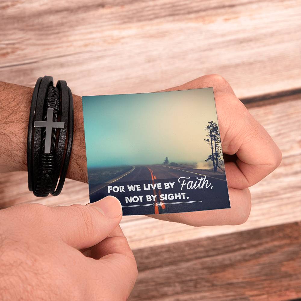 For We Live by Faith Not by Side Men's Stainless Steel & Vegan Leather Cross Bracelet - Vegan Leather with Stainless Steel-Express Your Love Gifts