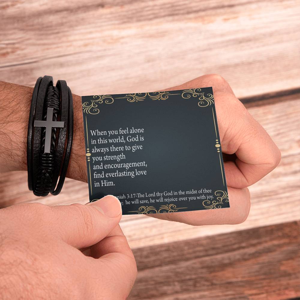 Care & Concern Zephaniah 3:17 Men's Stainless Steel & Vegan Leather Cross Bracelet - Vegan Leather with Stainless Steel-Express Your Love Gifts