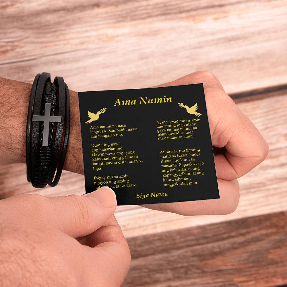 Lords Prayer Tagalog Ama Namin Men's Stainless Steel & Vegan Leather Cross Bracelet - Vegan Leather with Stainless Steel-Express Your Love Gifts