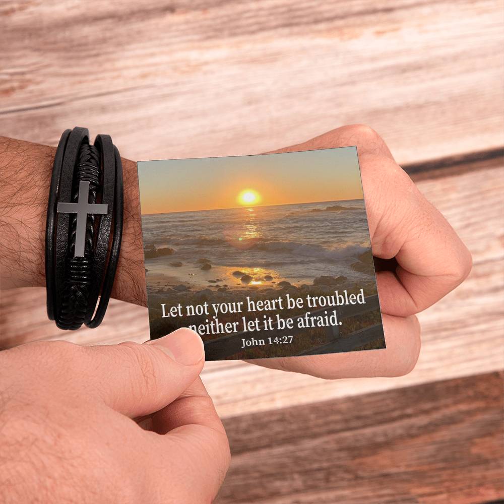 Let Not Your Heart be Troubled John 14:27 Men's Stainless Steel & Vegan Leather Cross Bracelet - Vegan Leather with Stainless Steel-Express Your Love Gifts