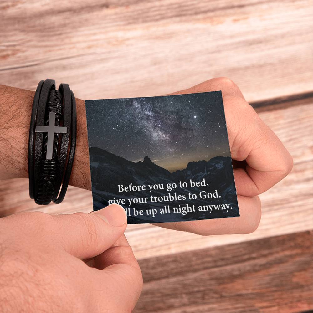 Give Your Trouble to God Men's Stainless Steel & Vegan Leather Cross Bracelet - Vegan Leather with Stainless Steel-Express Your Love Gifts