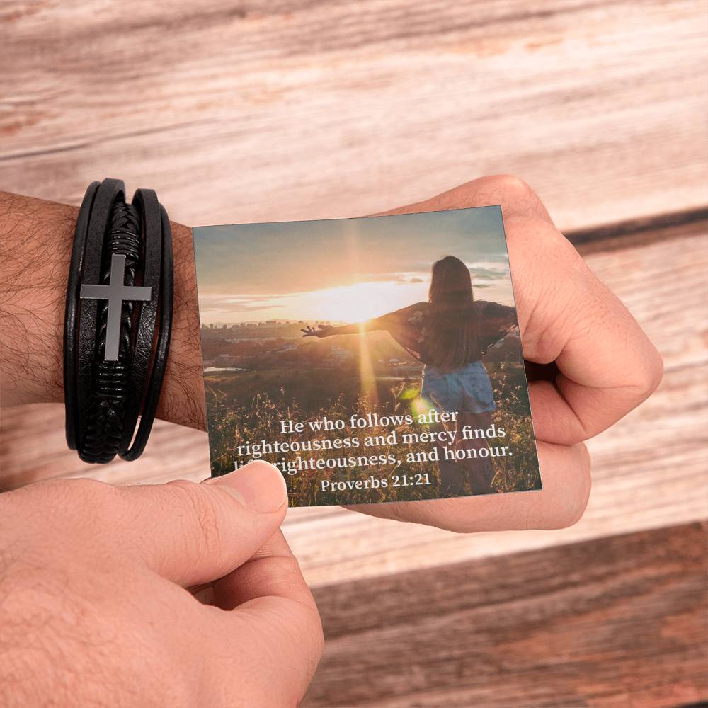 Righteousness and Honour Proverbs 21:21 Men's Stainless Steel & Vegan Leather Cross Bracelet - Vegan Leather with Stainless Steel-Express Your Love Gifts