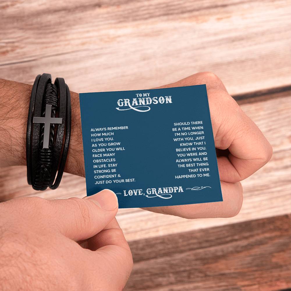 To My Grandson Always Remember From Grandpa Men's Cross Bracelet - Vegan Leather with Stainless Steel-Express Your Love Gifts