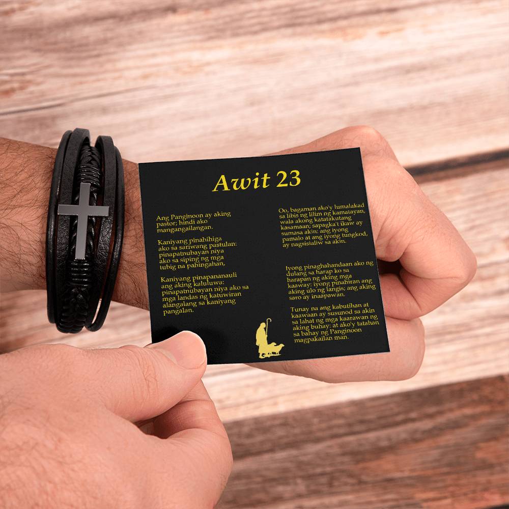 Lord is my Shepherd Tagalog Awit Men's Stainless Steel & Vegan Leather Cross Bracelet - Vegan Leather with Stainless Steel-Express Your Love Gifts