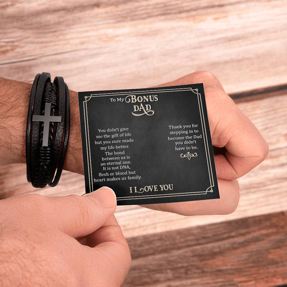 To My Bonus Dad Men's Cross Bracelet - Vegan Leather with Stainless Steel-Express Your Love Gifts
