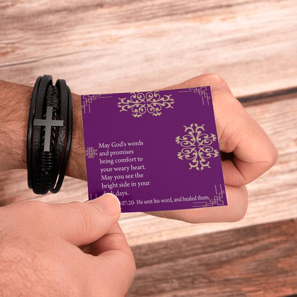 Get Well God's Words & Promises Psalm 107:20 Men's Stainless Steel & Vegan Leather Cross Bracelet - Vegan Leather with Stainless Steel-Express Your Love Gifts