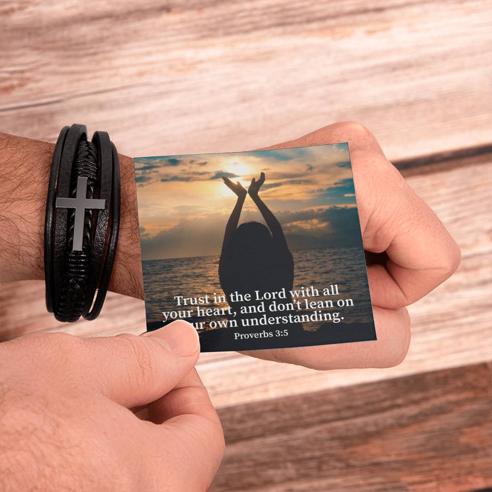 Trust in the Lord Proverbs 3:5 Men's Stainless Steel & Vegan Leather Cross Bracelet - Vegan Leather with Stainless Steel-Express Your Love Gifts