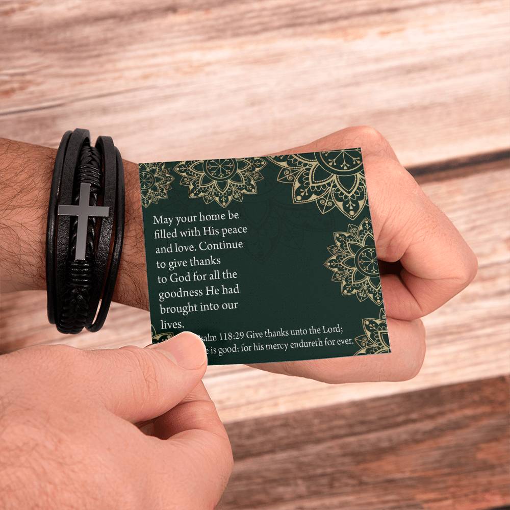 Thanksgiving Psalm 118:29 Men's Stainless Steel & Vegan Leather Cross Bracelet - Vegan Leather with Stainless Steel-Express Your Love Gifts