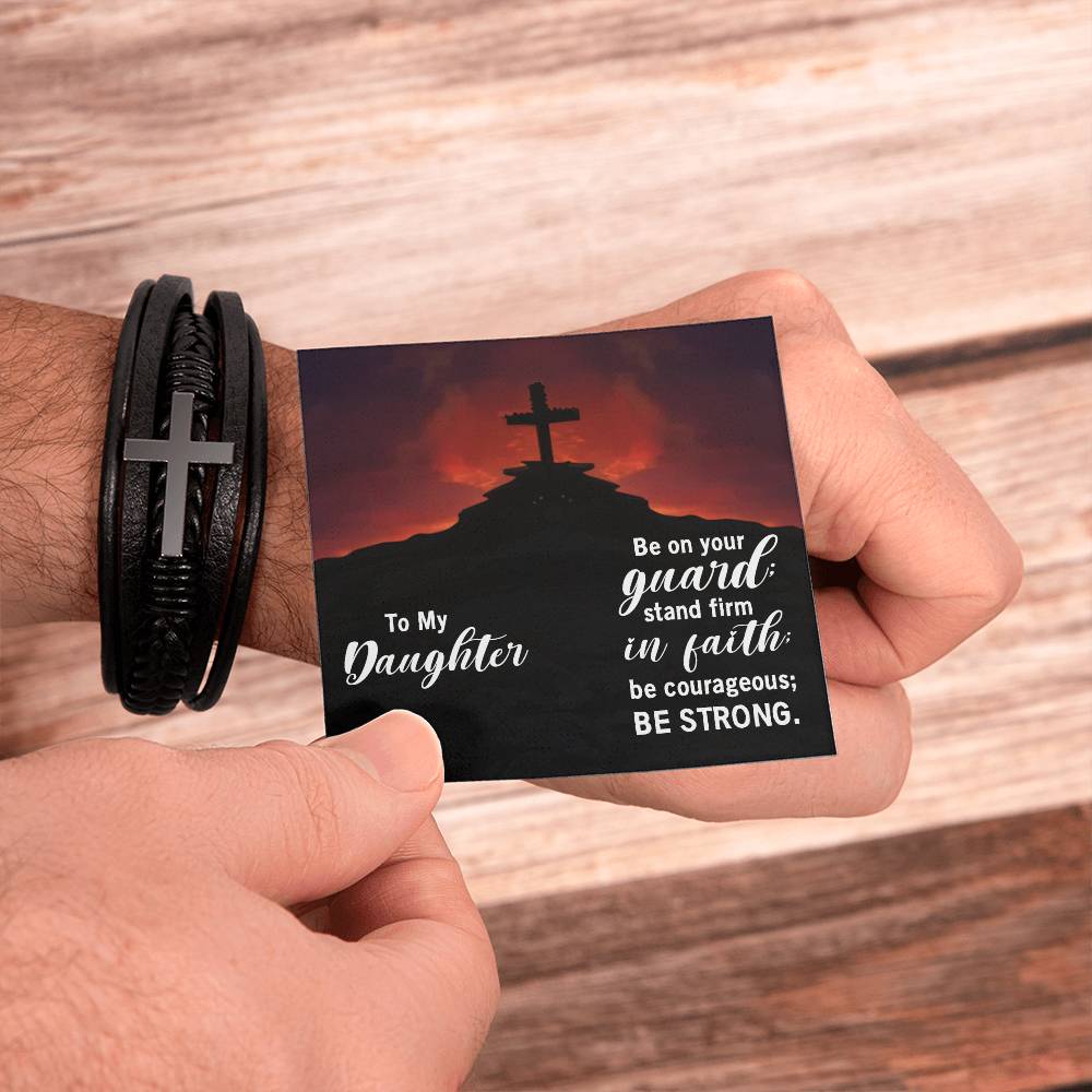 Stand Firm in Faith Joshua 1:9 Men's Stainless Steel & Vegan Leather Cross Bracelet - Vegan Leather with Stainless Steel-Express Your Love Gifts