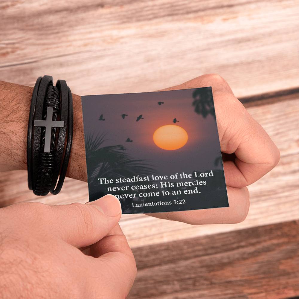 Love of Lord Never Ends Lamentations 3:22 Men's Stainless Steel & Vegan Leather Cross Bracelet - Vegan Leather with Stainless Steel-Express Your Love Gifts