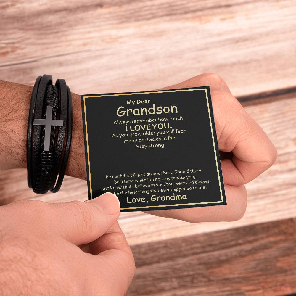 To My Grandson Always Remember How Much I Love You Men's Cross Bracelet - Vegan Leather with Stainless Steel-Express Your Love Gifts