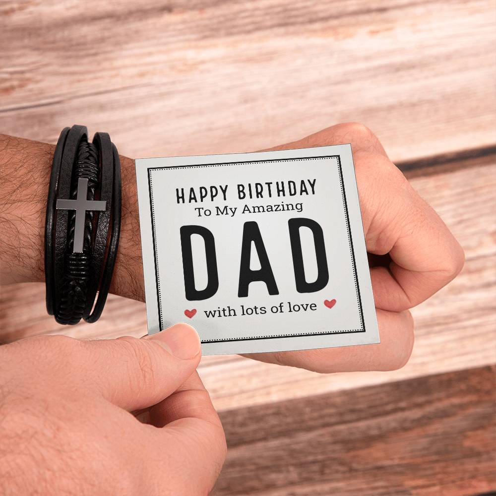 Happy Birthday to My Amazing Dad Men's Cross Bracelet - Vegan Leather with Stainless Steel-Express Your Love Gifts