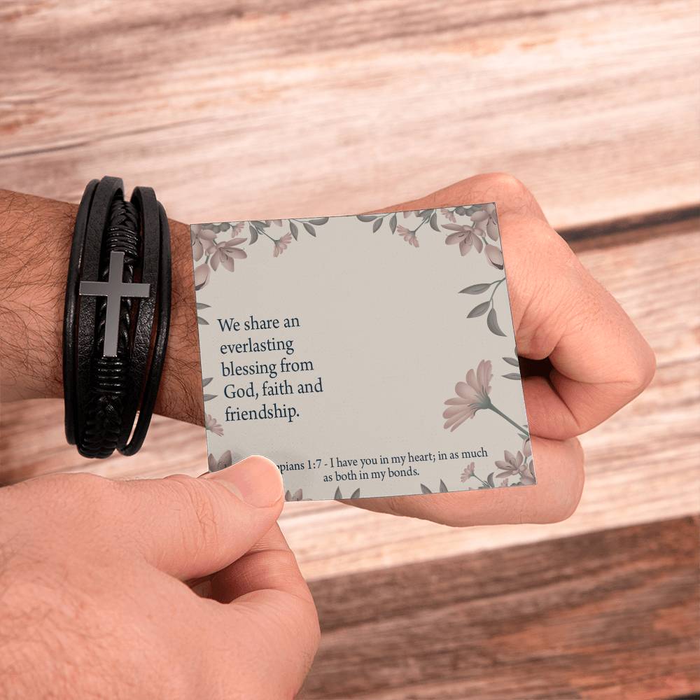 Friendship Philippians 1:7 Men's Stainless Steel & Vegan Leather Cross Bracelet - Vegan Leather with Stainless Steel-Express Your Love Gifts