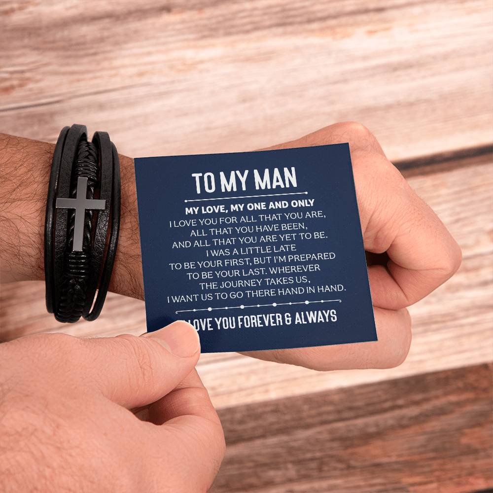 To My Man My Love My One and Only Men's Cross Bracelet - Vegan Leather with Stainless Steel-Express Your Love Gifts