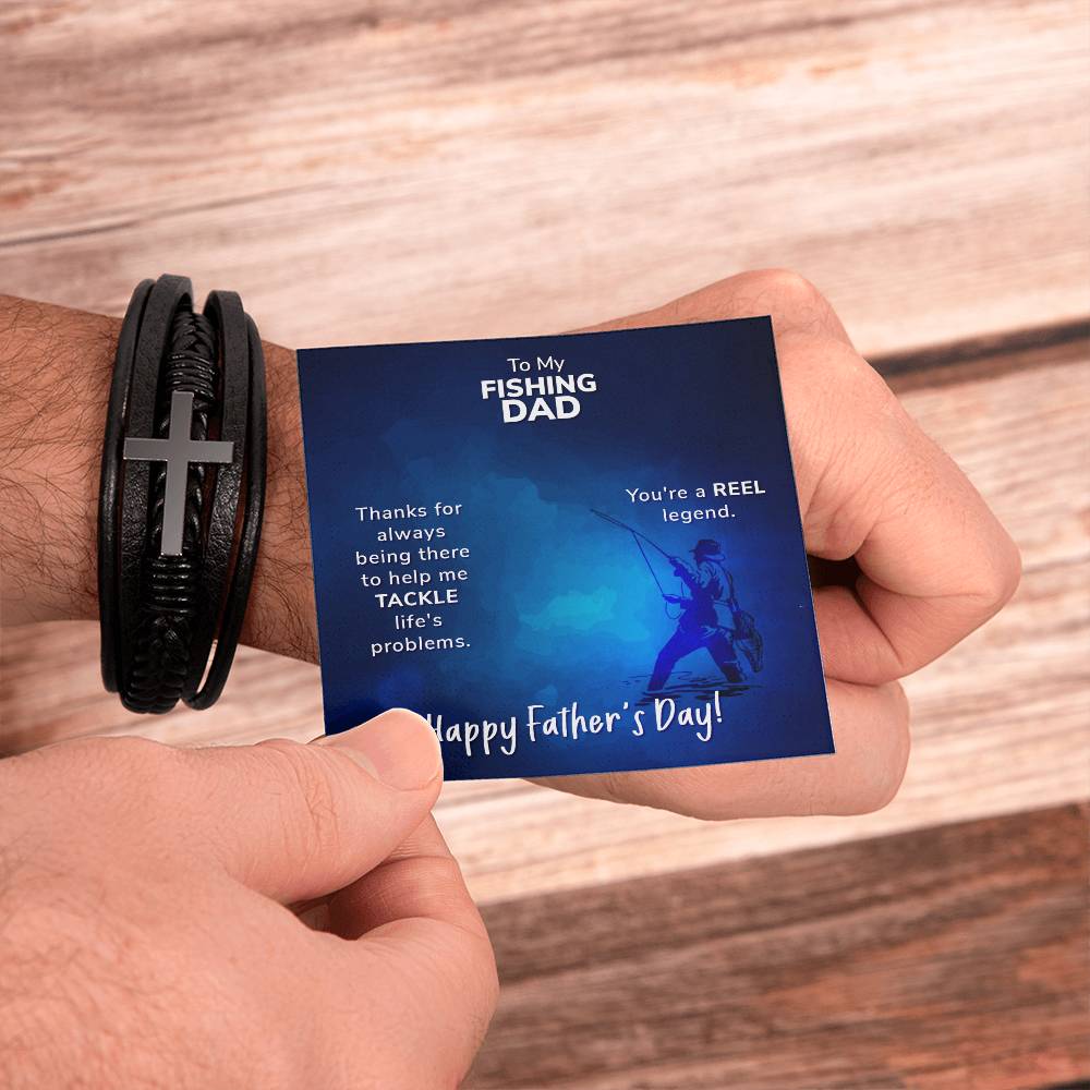 To My Fishing Dad Thanks for Always Being There Men's Cross Bracelet - Vegan Leather with Stainless Steel-Express Your Love Gifts
