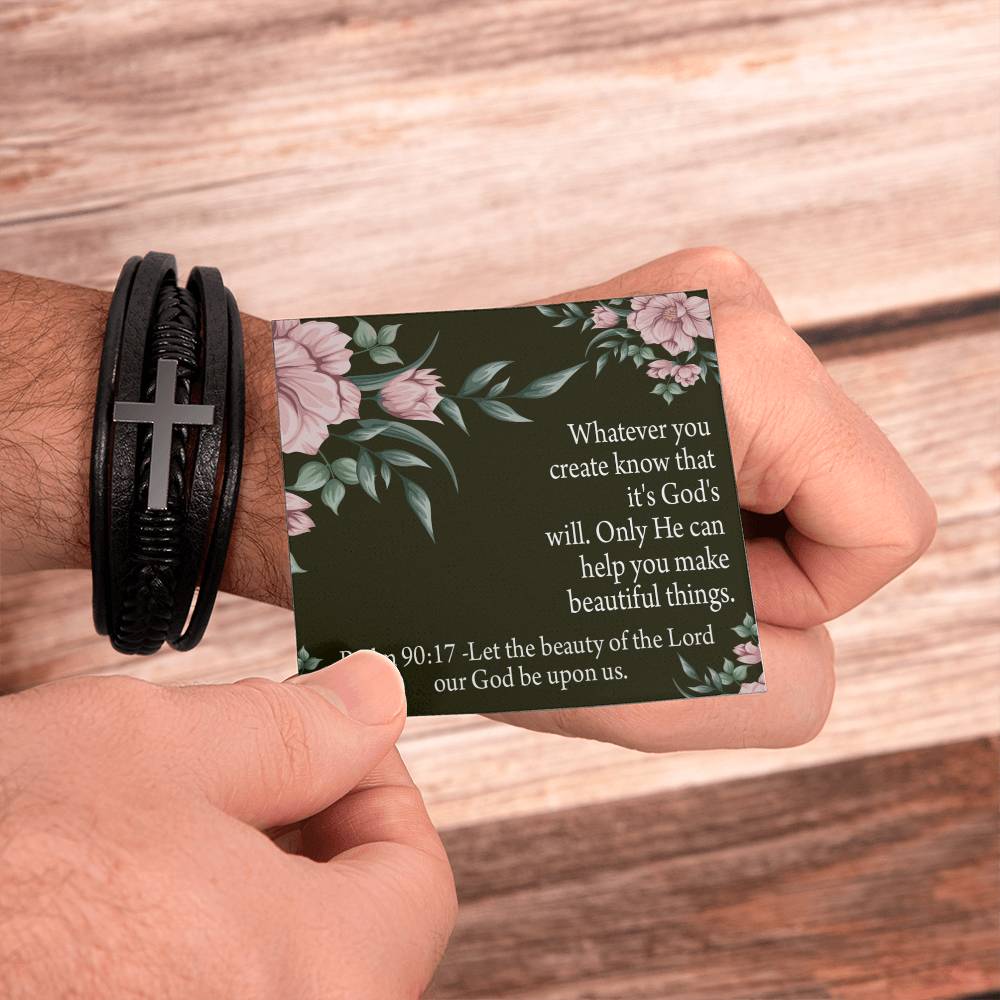 God's Will & Beauty Psalm 90:17 Men's Stainless Steel & Vegan Leather Cross Bracelet - Vegan Leather with Stainless Steel-Express Your Love Gifts
