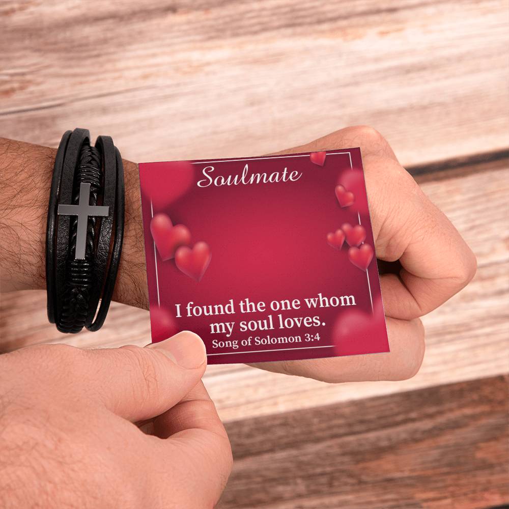 My Soul Loves Song of Solomon 3:4 Men's Stainless Steel & Vegan Leather Cross Bracelet - Vegan Leather with Stainless Steel-Express Your Love Gifts