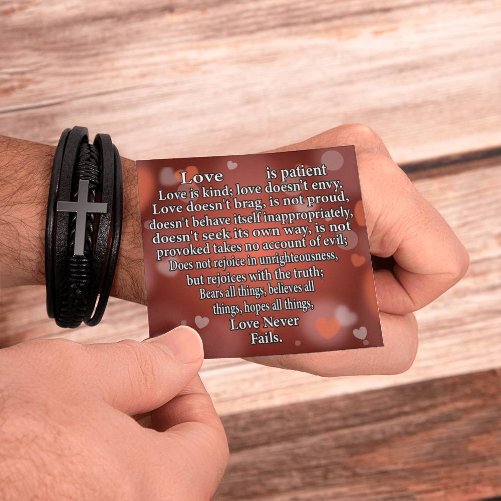 Love is Corinthians Men's Stainless Steel & Vegan Leather Cross Bracelet - Vegan Leather with Stainless Steel-Express Your Love Gifts