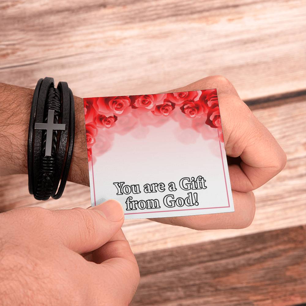 You Are a Gift From God Men's Stainless Steel & Vegan Leather Cross Bracelet - Vegan Leather with Stainless Steel-Express Your Love Gifts
