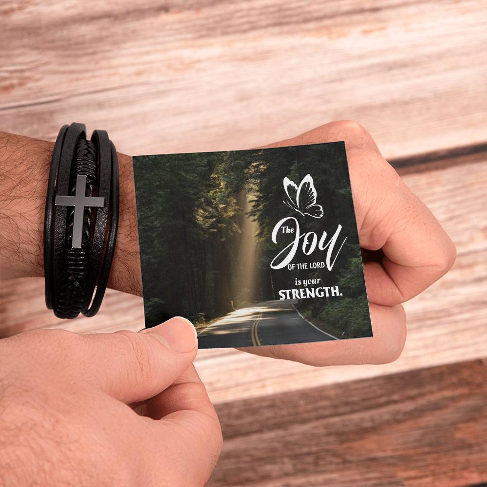 The Joy of The Lord is Your Strength Men's Stainless Steel & Vegan Leather Cross Bracelet - Vegan Leather with Stainless Steel-Express Your Love Gifts