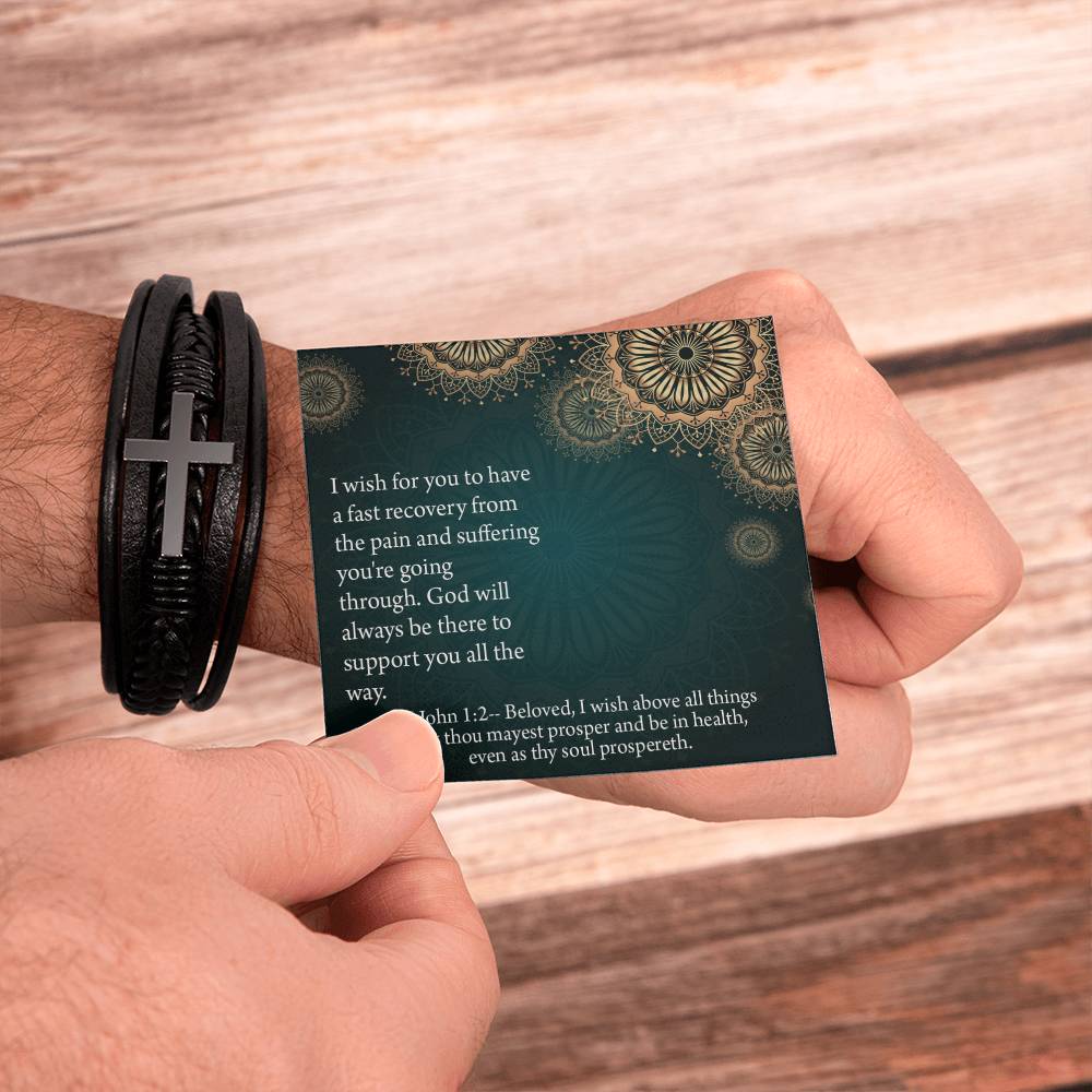 Get Well God's Support 3 John 1:2 Men's Stainless Steel & Vegan Leather Cross Bracelet - Vegan Leather with Stainless Steel-Express Your Love Gifts