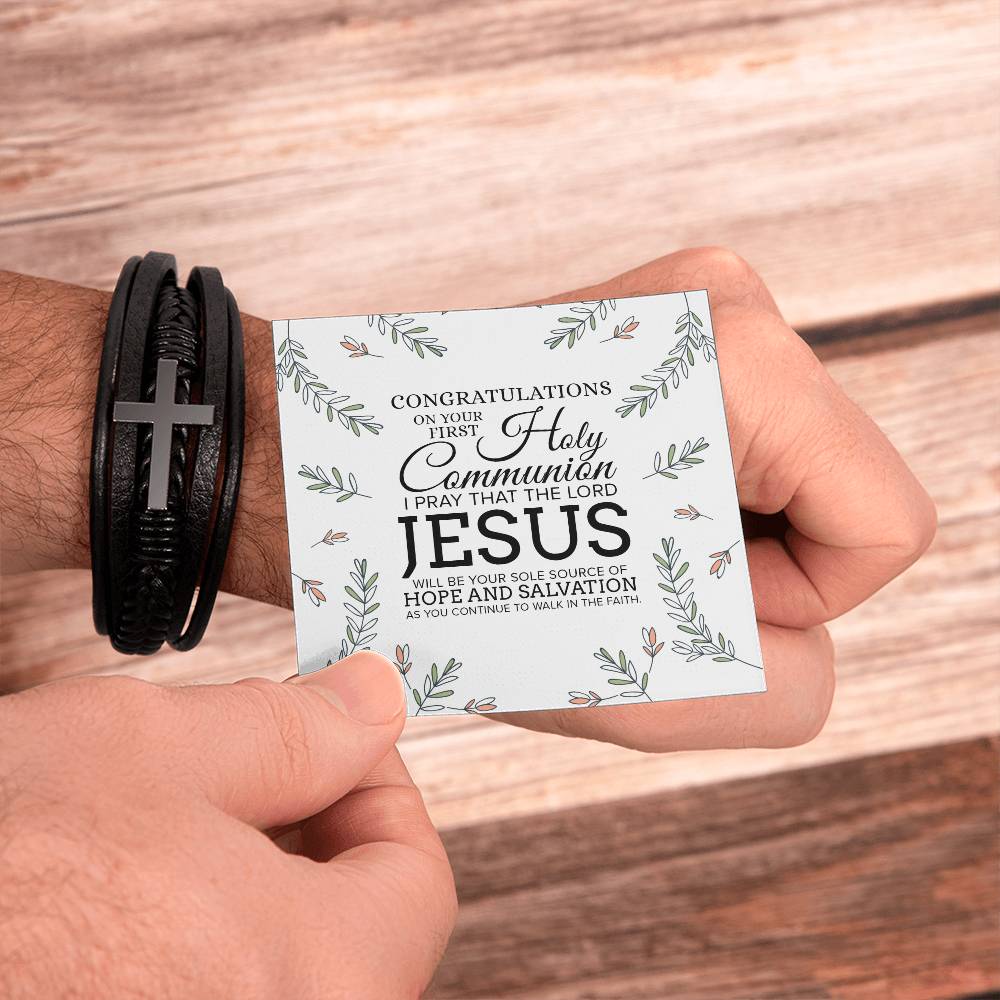Congratulations on Your First Holy Communion Men's Stainless Steel & Vegan Leather Cross Bracelet - Vegan Leather with Stainless Steel-Express Your Love Gifts