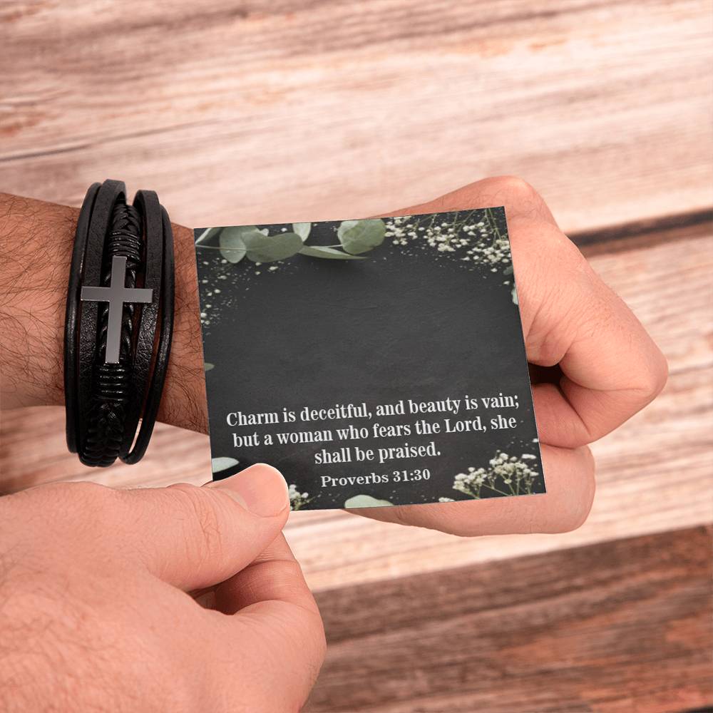 Fear the Lord Proverbs 31:30 Men's Stainless Steel & Vegan Leather Cross Bracelet - Vegan Leather with Stainless Steel-Express Your Love Gifts
