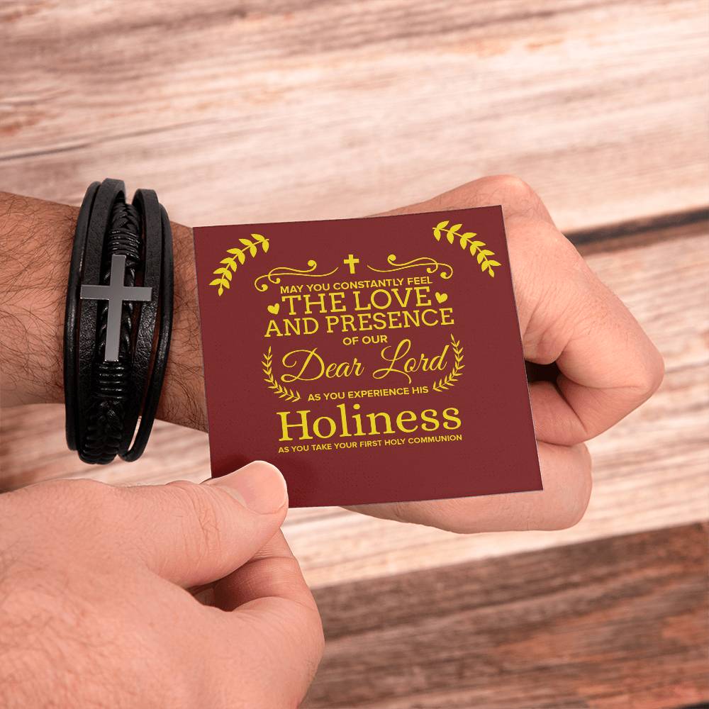 Our Dear Lord First Communion Men's Stainless Steel & Vegan Leather Cross Bracelet - Vegan Leather with Stainless Steel-Express Your Love Gifts