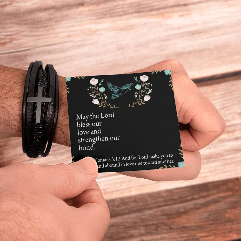 Lord Bless Our Love 1 Thessalonians 3:12 Men's Stainless Steel & Vegan Leather Cross Bracelet - Vegan Leather with Stainless Steel-Express Your Love Gifts