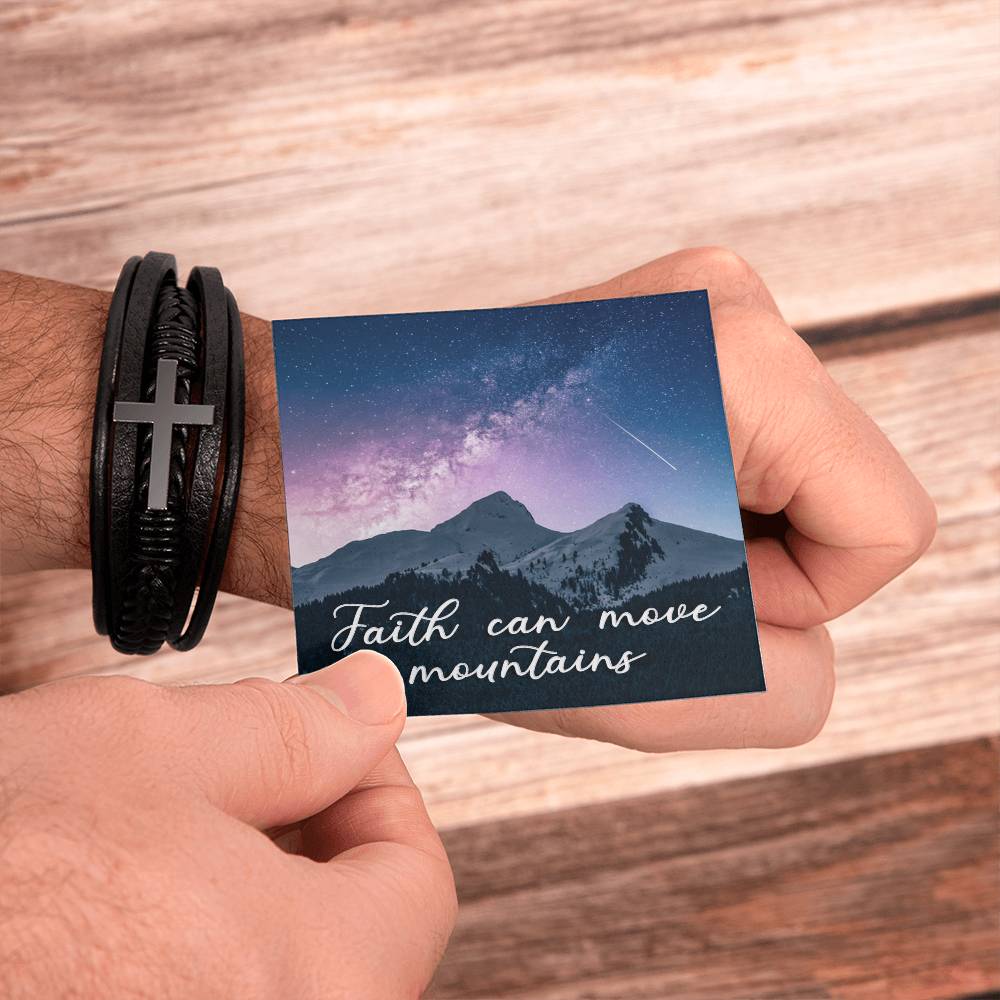 Faith Can Move Mountains Men's Stainless Steel & Vegan Leather Cross Bracelet - Vegan Leather with Stainless Steel-Express Your Love Gifts