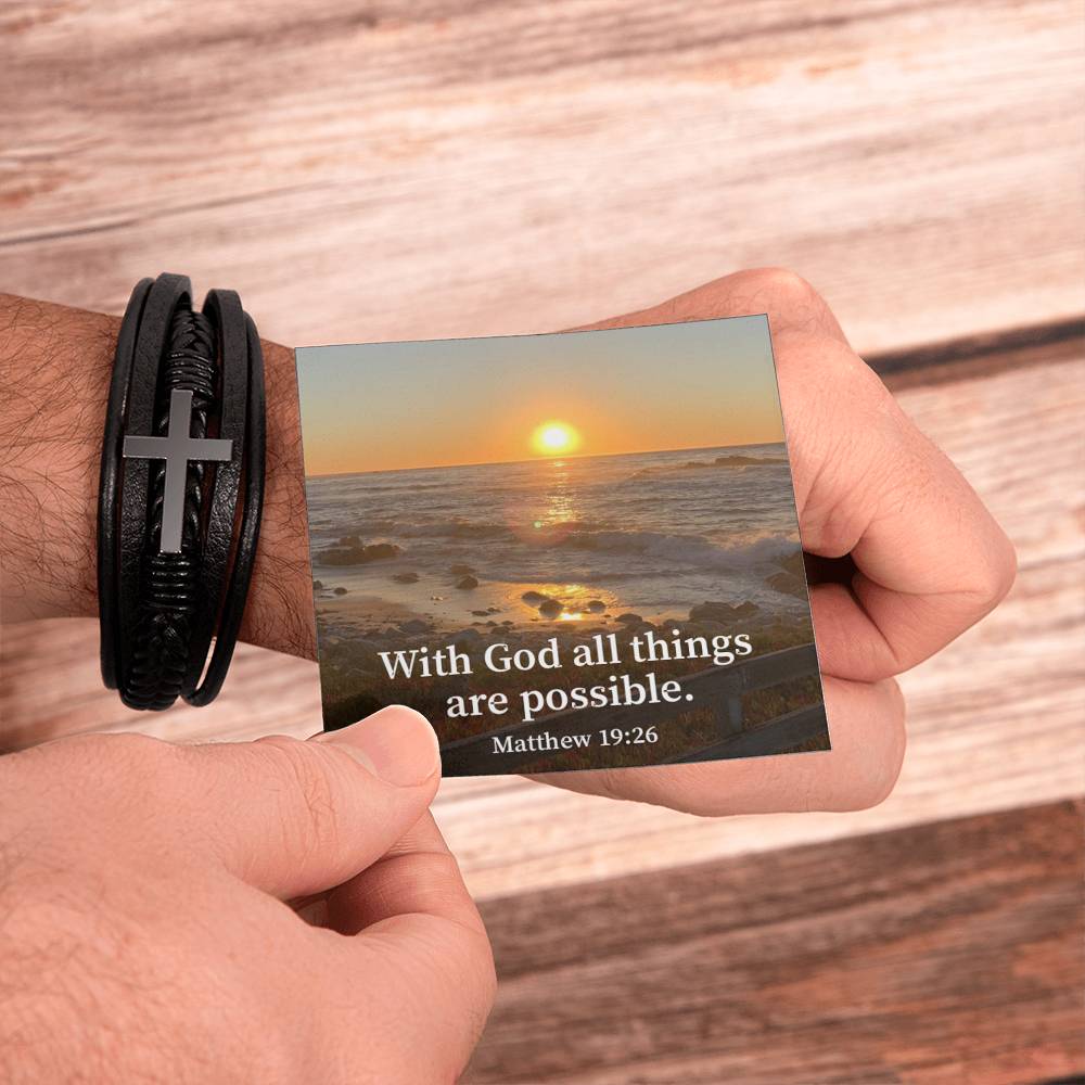 With God All Things are Possible Matthew 19:26 Men's Stainless Steel & Vegan Leather Cross Bracelet - Vegan Leather with Stainless Steel-Express Your Love Gifts