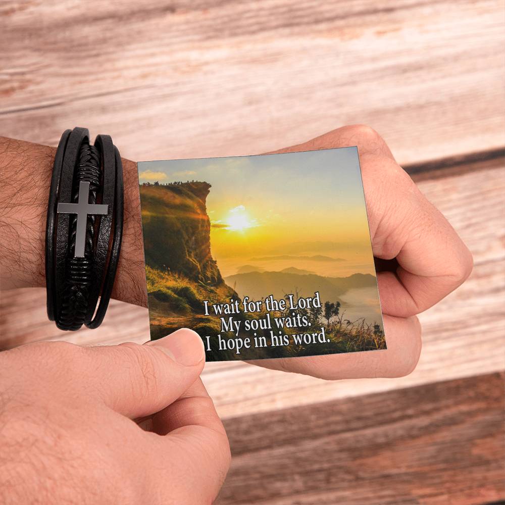 Hope in God Psalm130:5 Men's Stainless Steel & Vegan Leather Cross Bracelet - Vegan Leather with Stainless Steel-Express Your Love Gifts